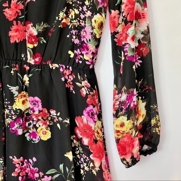 NEW Fraiche By J Dress Black Multi Floral Sheer Long Sleeve Women’s Dress Size M - Picture 7 of 11